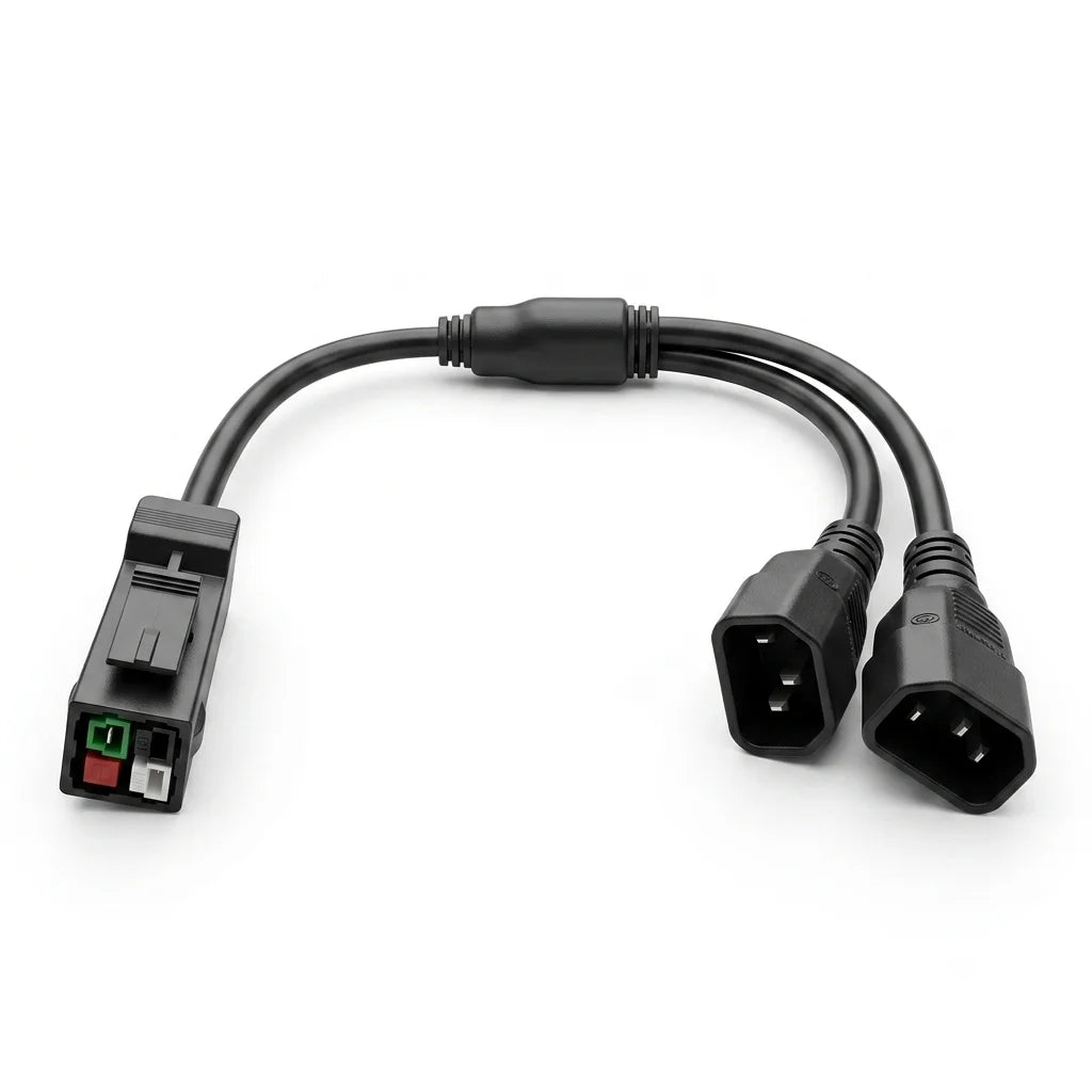 Close-up of P13 plug and two C14 output connectors on the heavy-duty Antminer splitter power cord